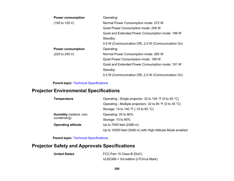 Projector environmental specifications, Projector safety and approvals specifications | Epson PowerLite L265F 4600-Lumen Full HD Laser 3LCD Projector (Black) User Manual | Page 286 / 306