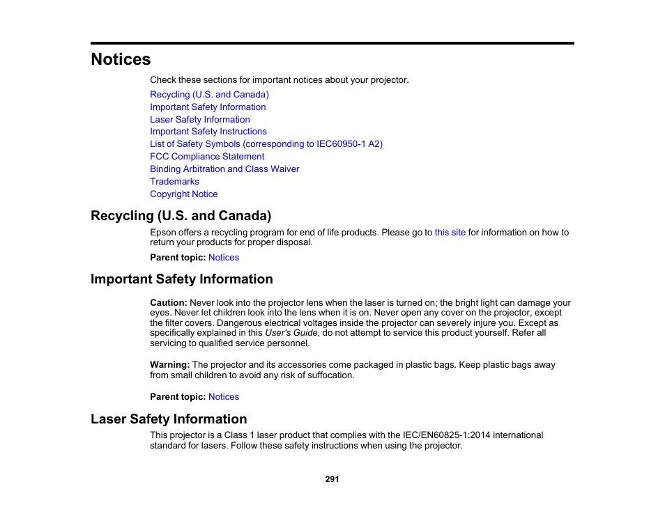 Notices, Recycling (u.s. and canada), Important safety information | Laser safety information | Epson PowerLite L265F 4600-Lumen Full HD Laser 3LCD Projector (Black) User Manual | Page 291 / 306