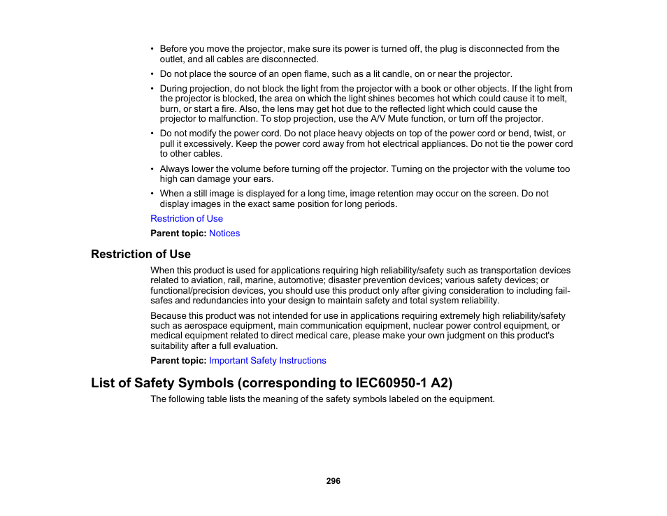 Restriction of use | Epson PowerLite L265F 4600-Lumen Full HD Laser 3LCD Projector (Black) User Manual | Page 296 / 306
