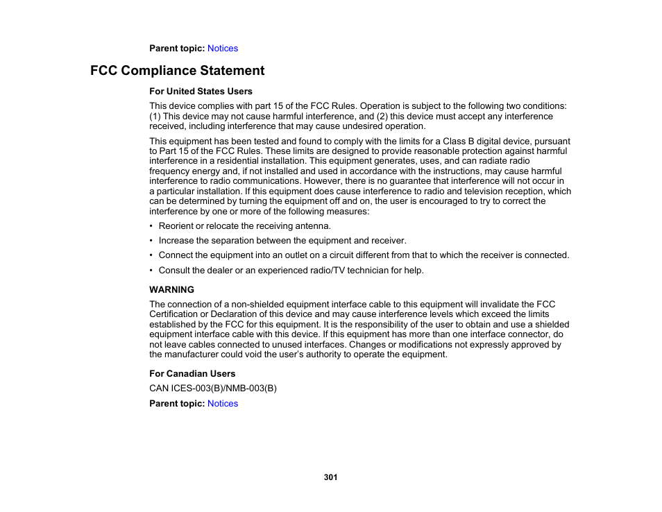 Fcc compliance statement | Epson PowerLite L265F 4600-Lumen Full HD Laser 3LCD Projector (Black) User Manual | Page 301 / 306