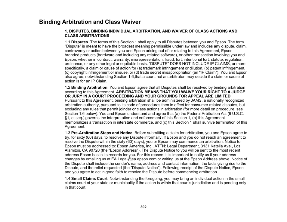 Binding arbitration and class waiver | Epson PowerLite L265F 4600-Lumen Full HD Laser 3LCD Projector (Black) User Manual | Page 302 / 306