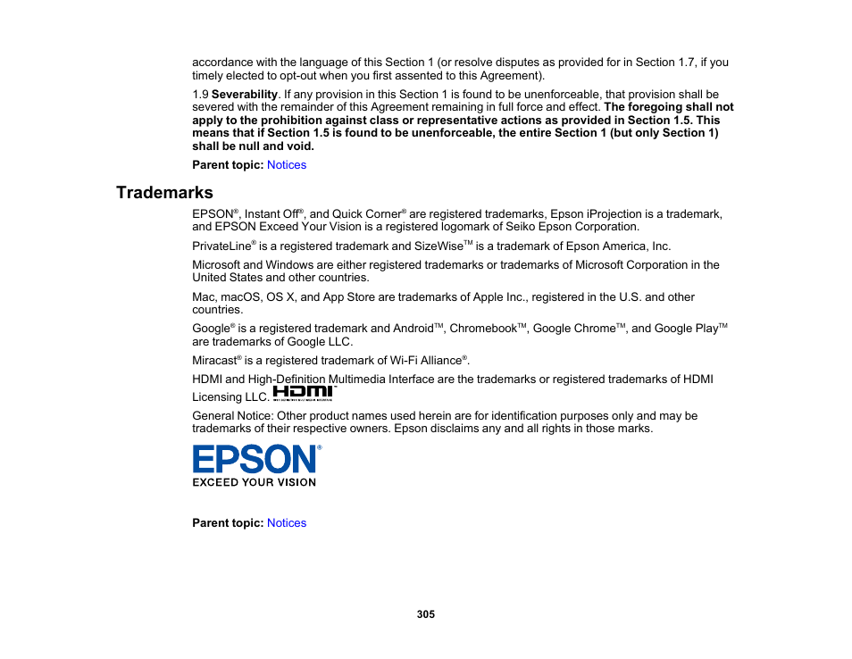 Trademarks | Epson PowerLite L265F 4600-Lumen Full HD Laser 3LCD Projector (Black) User Manual | Page 305 / 306