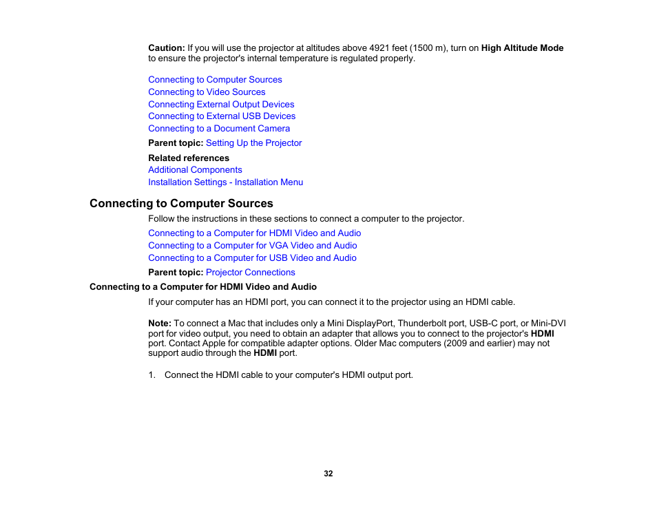 Connecting to computer sources, Connecting to a computer for hdmi video and audio | Epson PowerLite L265F 4600-Lumen Full HD Laser 3LCD Projector (Black) User Manual | Page 32 / 306