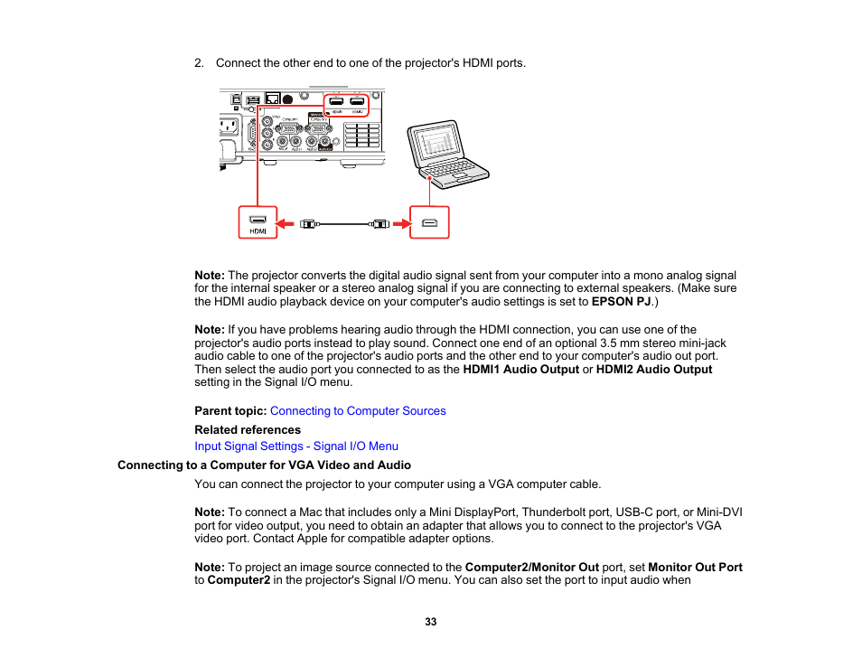 Connecting to a computer for vga video and audio | Epson PowerLite L265F 4600-Lumen Full HD Laser 3LCD Projector (Black) User Manual | Page 33 / 306