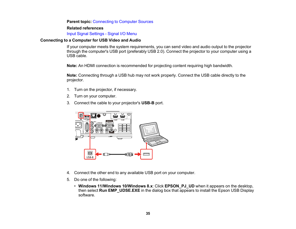 Connecting to a computer for usb video and audio | Epson PowerLite L265F 4600-Lumen Full HD Laser 3LCD Projector (Black) User Manual | Page 35 / 306