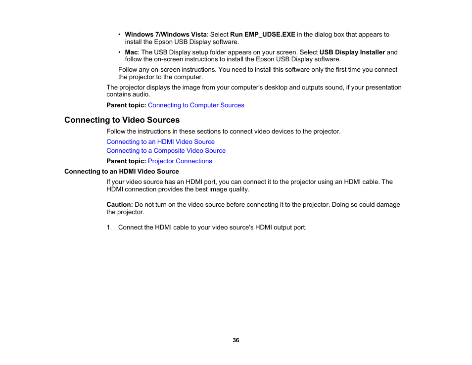 Connecting to video sources, Connecting to an hdmi video source | Epson PowerLite L265F 4600-Lumen Full HD Laser 3LCD Projector (Black) User Manual | Page 36 / 306