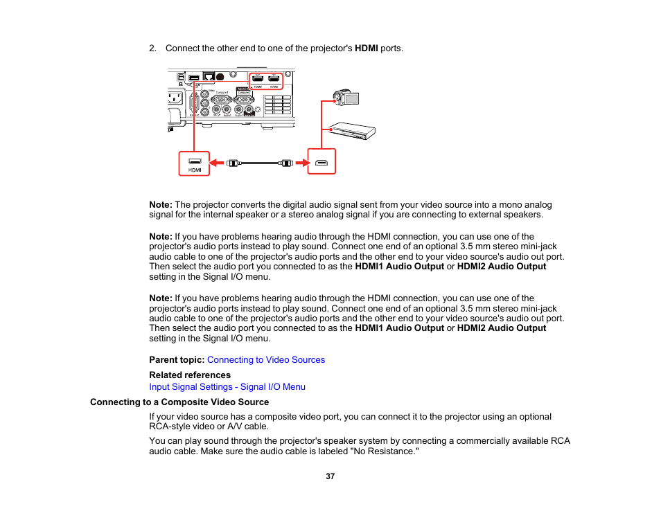 Connecting to a composite video source | Epson PowerLite L265F 4600-Lumen Full HD Laser 3LCD Projector (Black) User Manual | Page 37 / 306