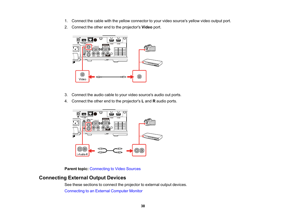 Connecting external output devices | Epson PowerLite L265F 4600-Lumen Full HD Laser 3LCD Projector (Black) User Manual | Page 38 / 306