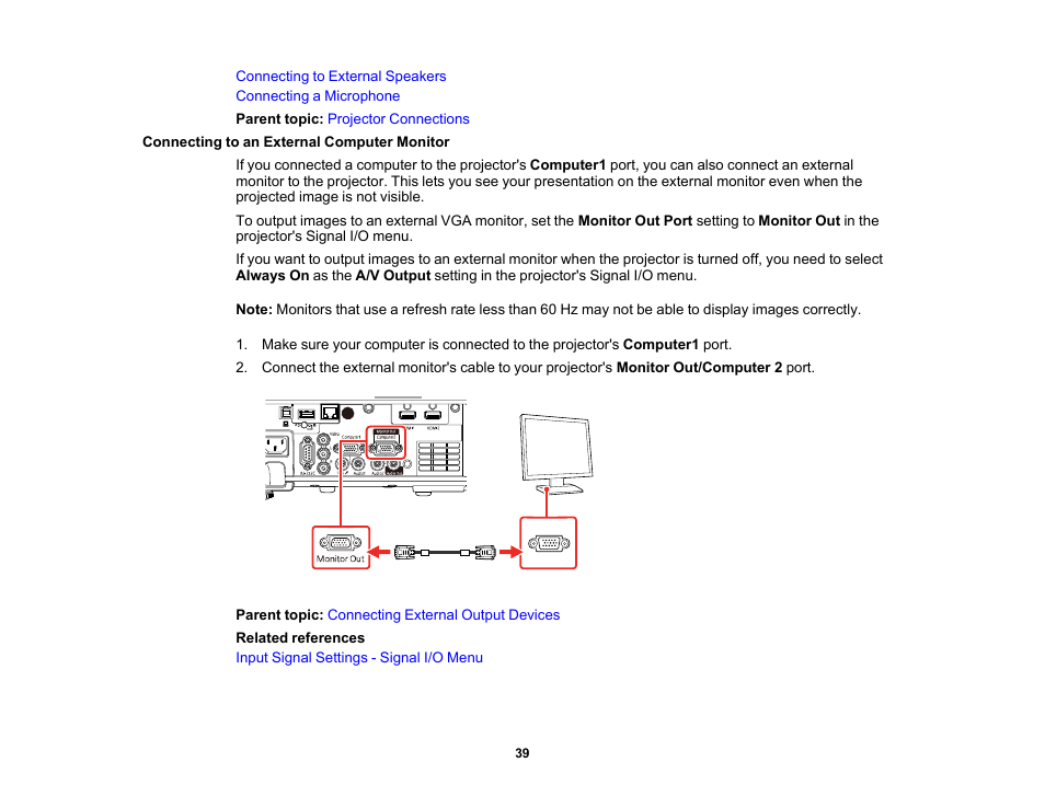 Connecting to an external computer monitor | Epson PowerLite L265F 4600-Lumen Full HD Laser 3LCD Projector (Black) User Manual | Page 39 / 306