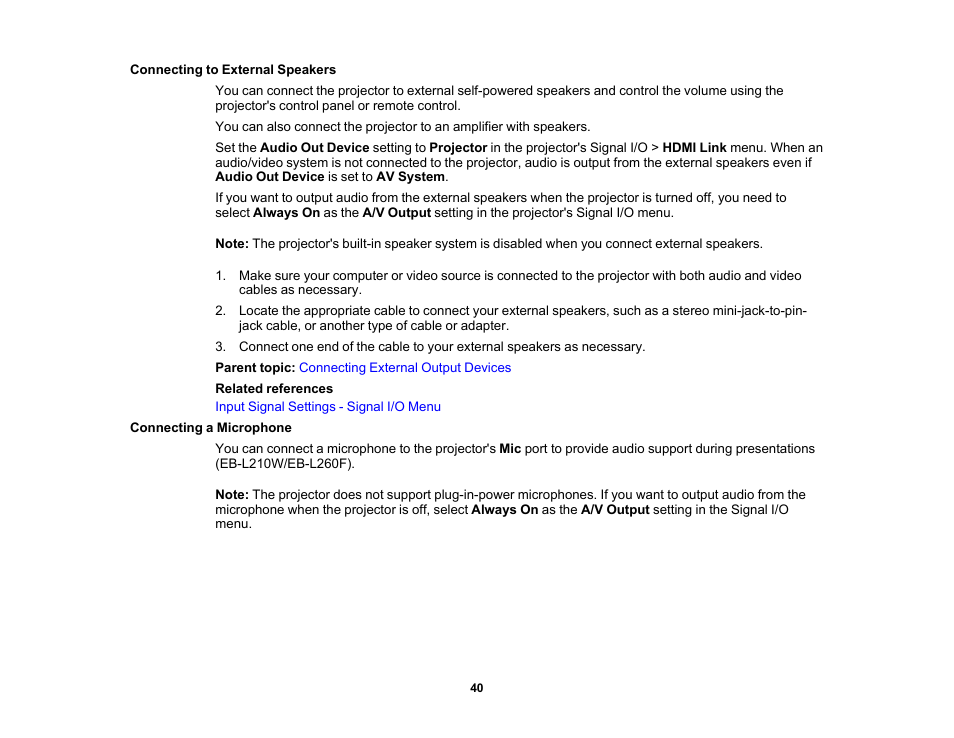 Connecting to external speakers, Connecting a microphone | Epson PowerLite L265F 4600-Lumen Full HD Laser 3LCD Projector (Black) User Manual | Page 40 / 306