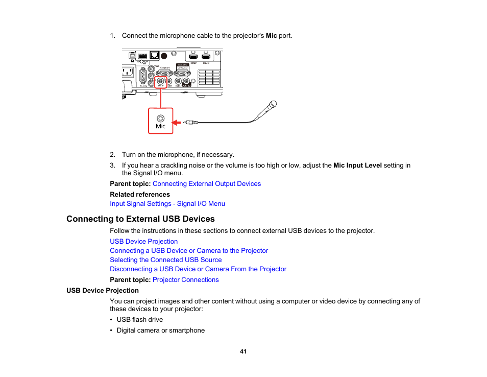 Connecting to external usb devices, Usb device projection | Epson PowerLite L265F 4600-Lumen Full HD Laser 3LCD Projector (Black) User Manual | Page 41 / 306