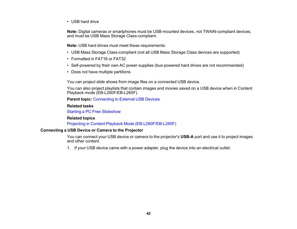 Connecting a usb device or camera to the projector | Epson PowerLite L265F 4600-Lumen Full HD Laser 3LCD Projector (Black) User Manual | Page 42 / 306