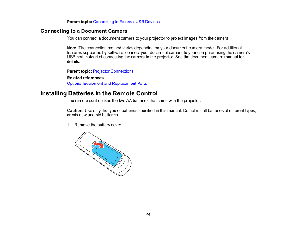 Connecting to a document camera, Installing batteries in the remote control | Epson PowerLite L265F 4600-Lumen Full HD Laser 3LCD Projector (Black) User Manual | Page 44 / 306