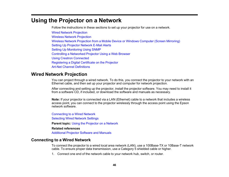 Using the projector on a network, Wired network projection, Connecting to a wired network | Epson PowerLite L265F 4600-Lumen Full HD Laser 3LCD Projector (Black) User Manual | Page 46 / 306