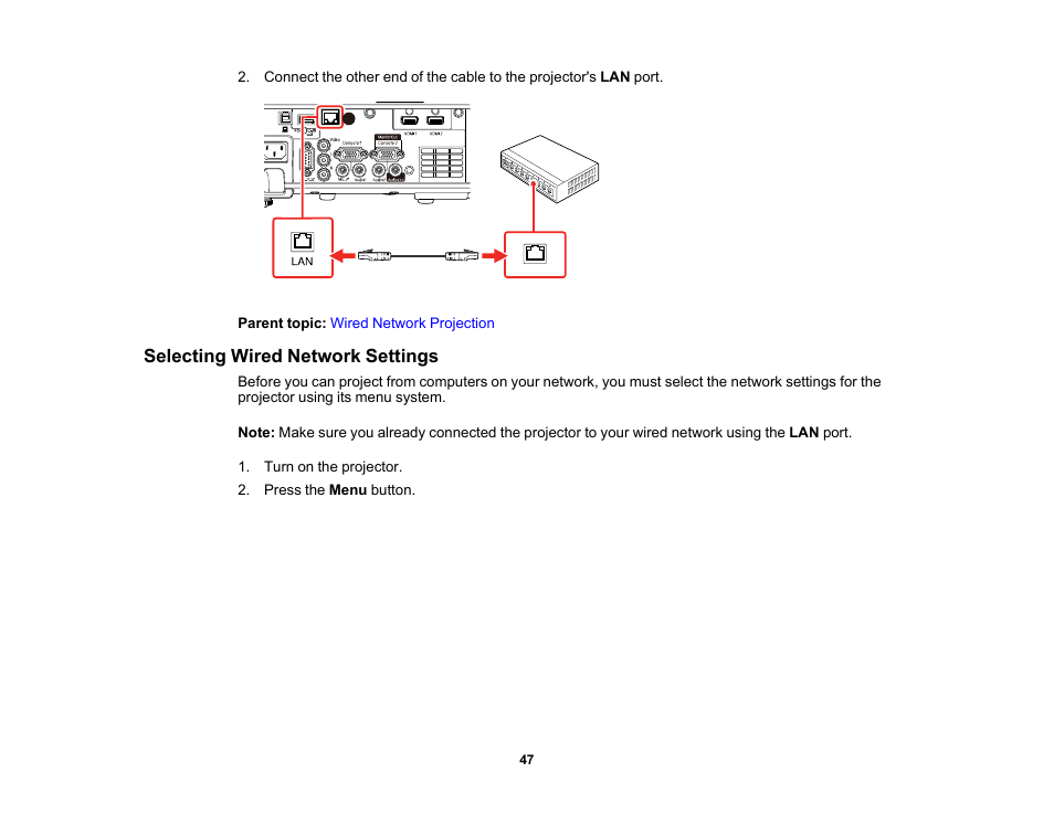 Selecting wired network settings | Epson PowerLite L265F 4600-Lumen Full HD Laser 3LCD Projector (Black) User Manual | Page 47 / 306