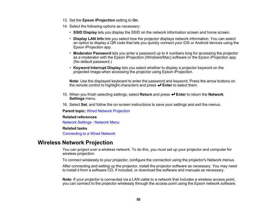 Wireless network projection | Epson PowerLite L265F 4600-Lumen Full HD Laser 3LCD Projector (Black) User Manual | Page 50 / 306