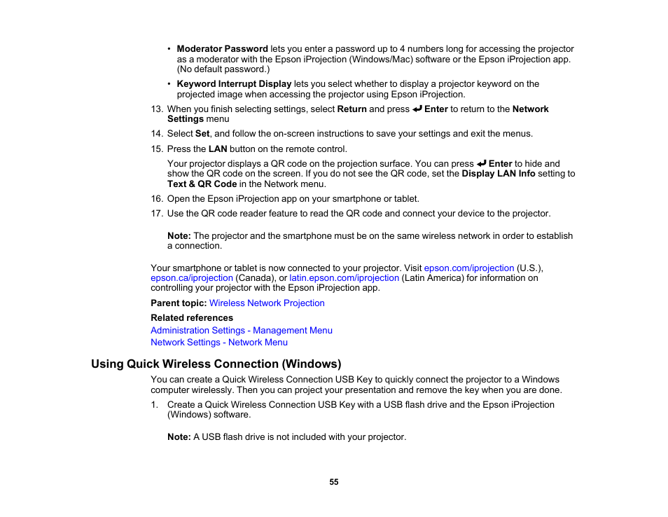 Using quick wireless connection (windows) | Epson PowerLite L265F 4600-Lumen Full HD Laser 3LCD Projector (Black) User Manual | Page 55 / 306