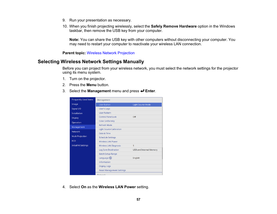 Selecting wireless network settings manually | Epson PowerLite L265F 4600-Lumen Full HD Laser 3LCD Projector (Black) User Manual | Page 57 / 306