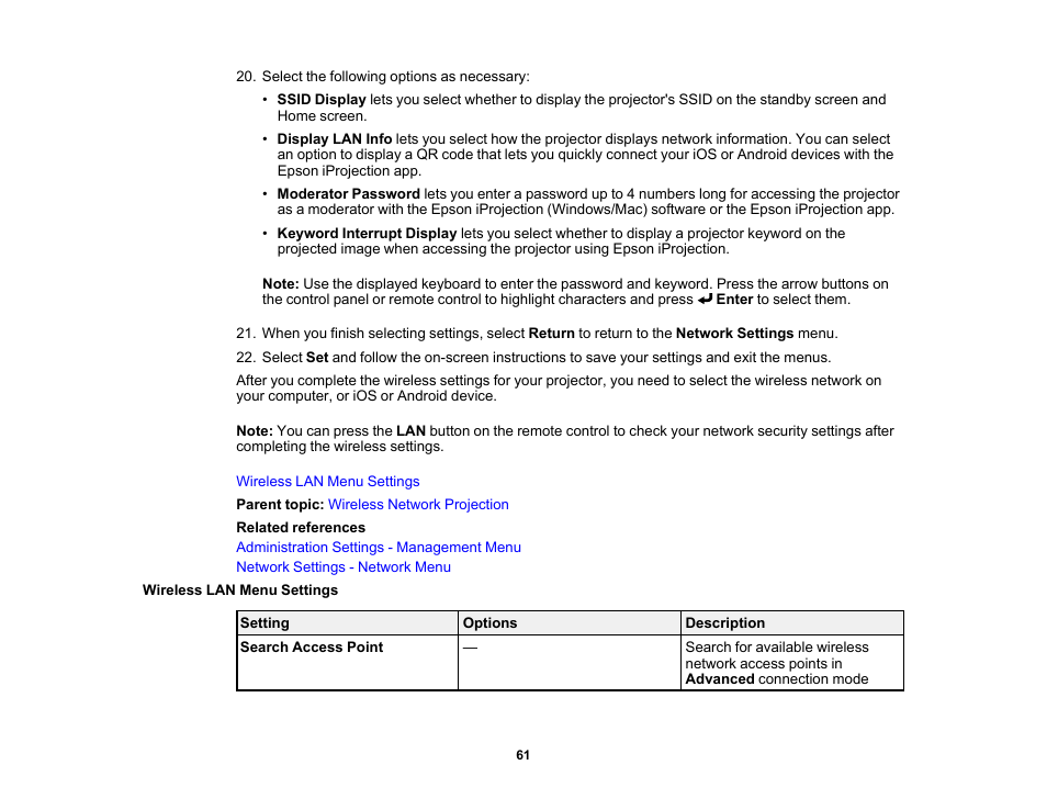 Wireless lan menu settings | Epson PowerLite L265F 4600-Lumen Full HD Laser 3LCD Projector (Black) User Manual | Page 61 / 306