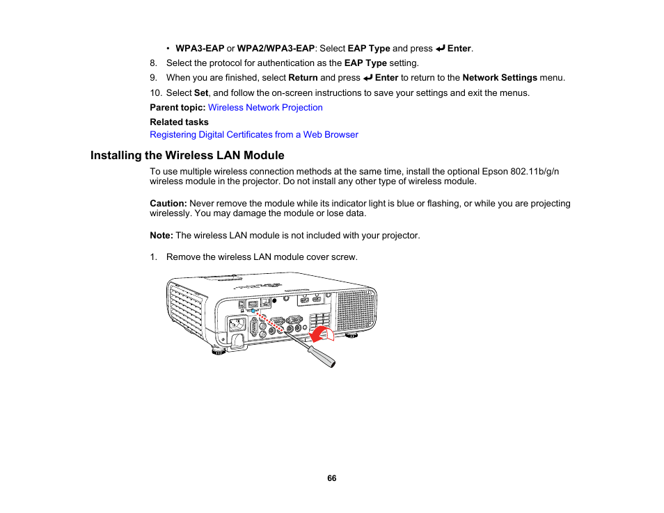 Installing the wireless lan module | Epson PowerLite L265F 4600-Lumen Full HD Laser 3LCD Projector (Black) User Manual | Page 66 / 306