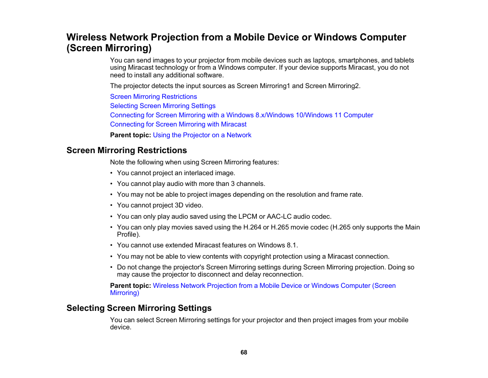 Screen mirroring restrictions, Selecting screen mirroring settings | Epson PowerLite L265F 4600-Lumen Full HD Laser 3LCD Projector (Black) User Manual | Page 68 / 306