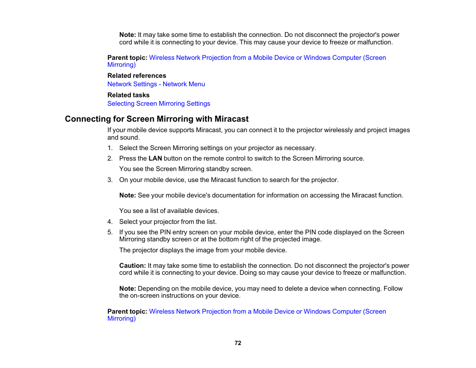 Connecting for screen mirroring with miracast | Epson PowerLite L265F 4600-Lumen Full HD Laser 3LCD Projector (Black) User Manual | Page 72 / 306
