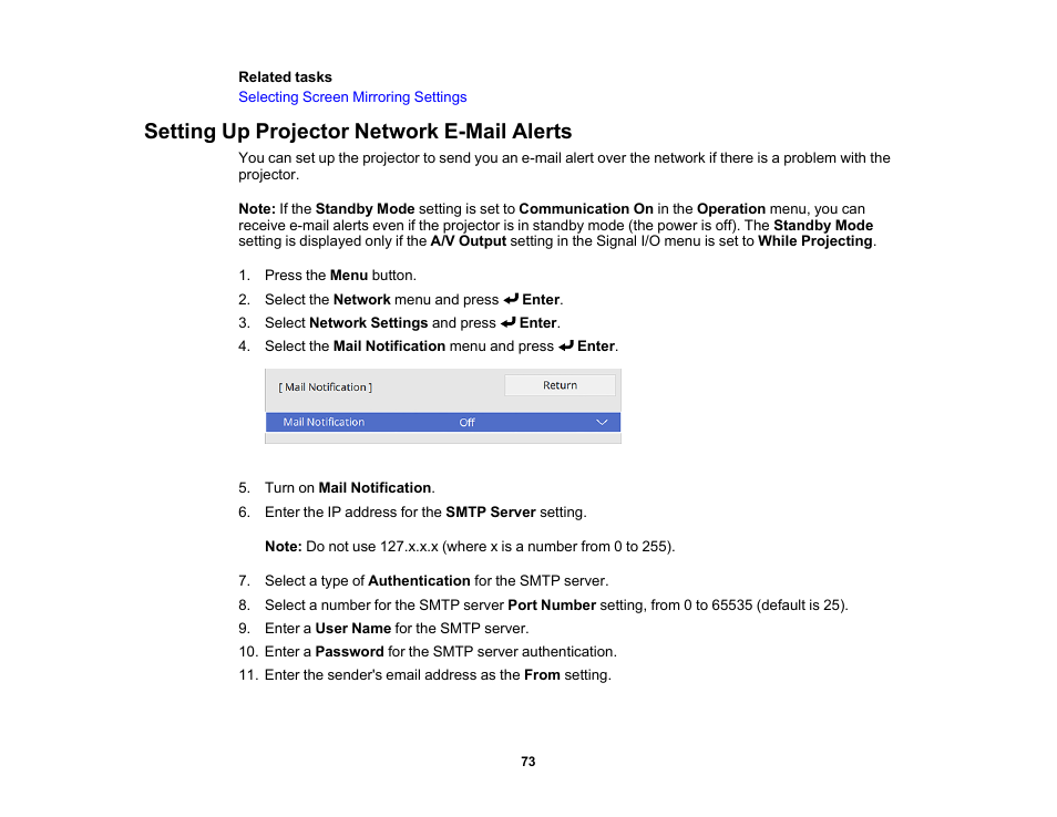 Setting up projector network e-mail alerts | Epson PowerLite L265F 4600-Lumen Full HD Laser 3LCD Projector (Black) User Manual | Page 73 / 306