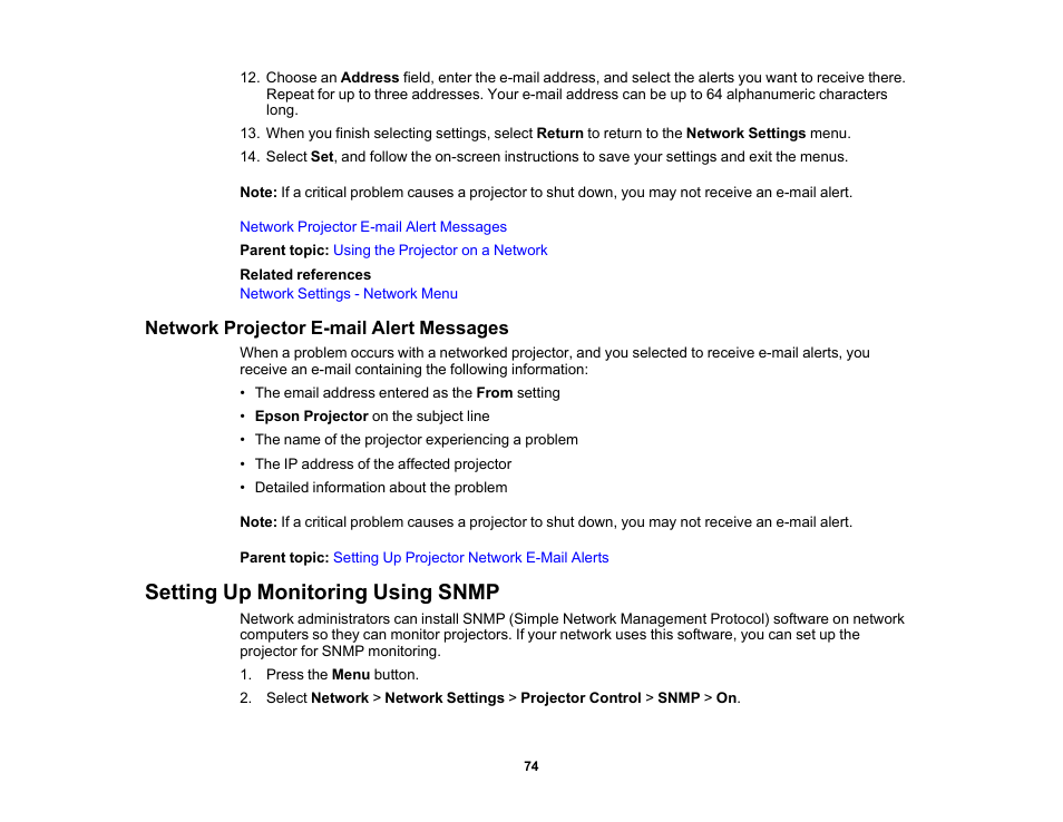 Network projector e-mail alert messages, Setting up monitoring using snmp | Epson PowerLite L265F 4600-Lumen Full HD Laser 3LCD Projector (Black) User Manual | Page 74 / 306