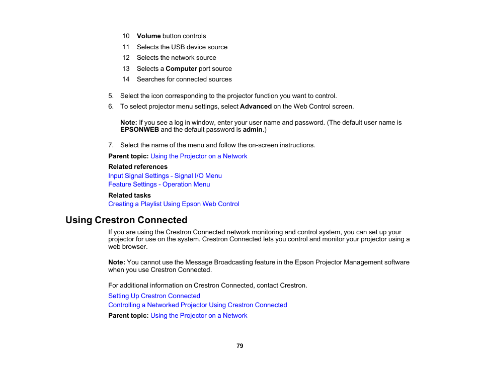 Using crestron connected | Epson PowerLite L265F 4600-Lumen Full HD Laser 3LCD Projector (Black) User Manual | Page 79 / 306