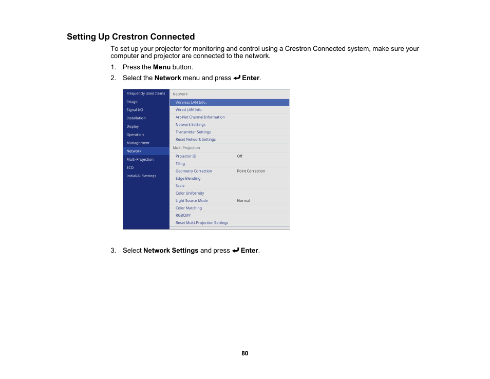 Setting up crestron connected | Epson PowerLite L265F 4600-Lumen Full HD Laser 3LCD Projector (Black) User Manual | Page 80 / 306