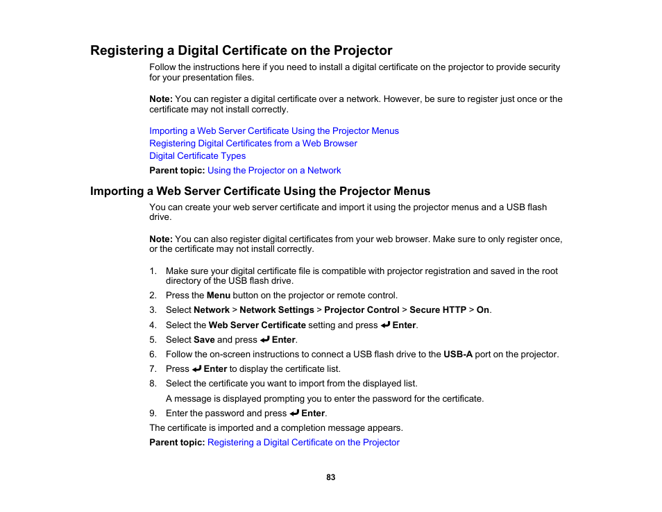 Registering a digital certificate on the projector | Epson PowerLite L265F 4600-Lumen Full HD Laser 3LCD Projector (Black) User Manual | Page 83 / 306