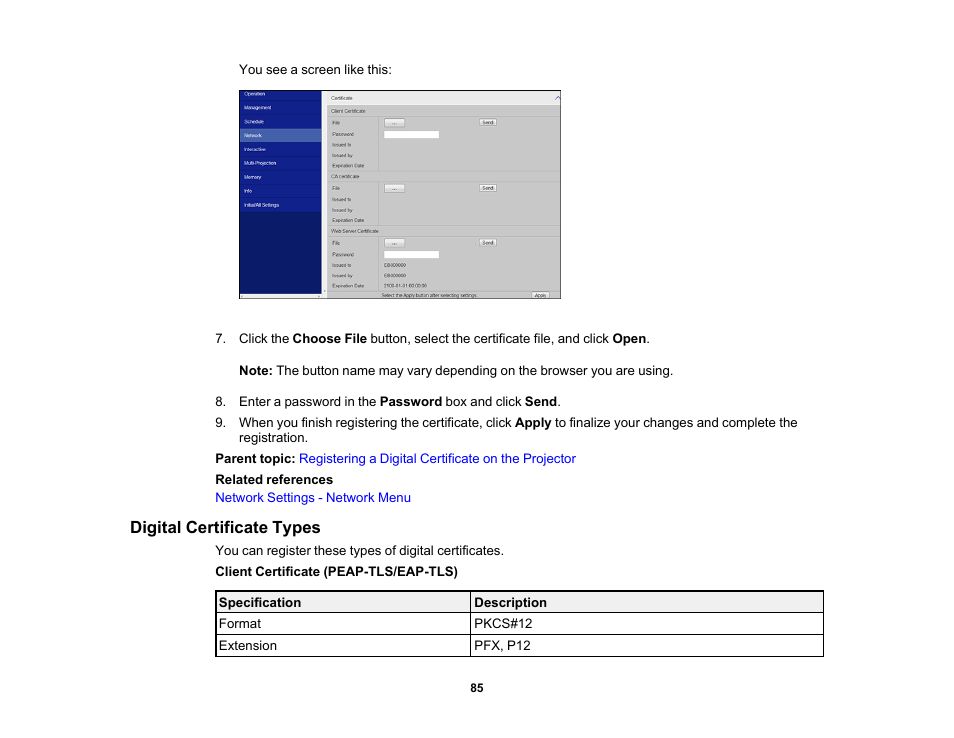 Digital certificate types | Epson PowerLite L265F 4600-Lumen Full HD Laser 3LCD Projector (Black) User Manual | Page 85 / 306