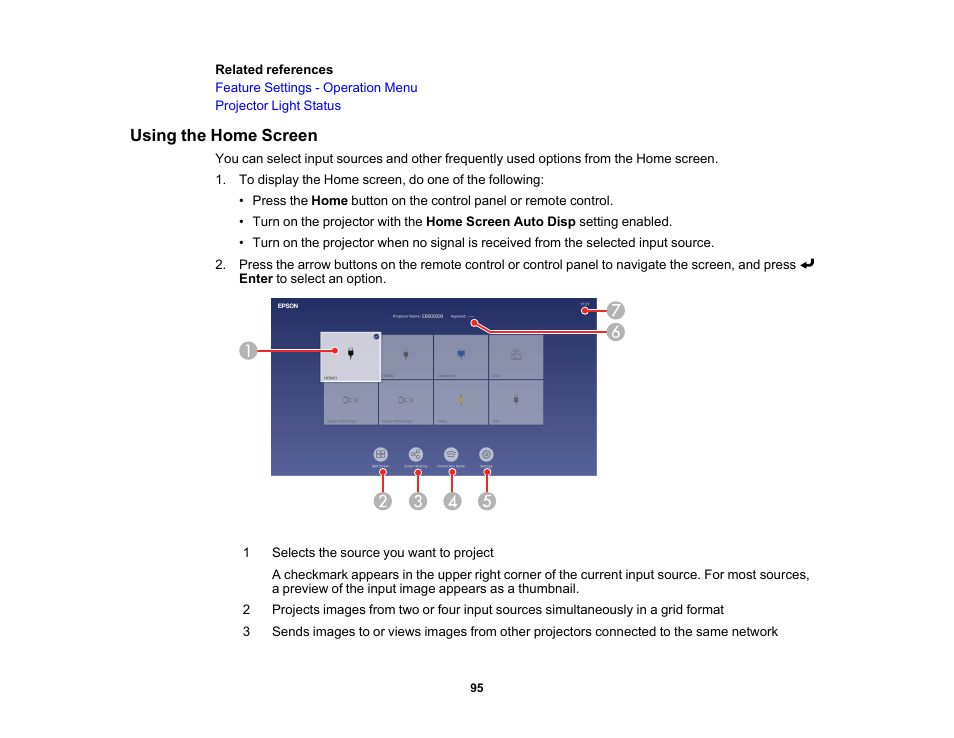 Using the home screen | Epson PowerLite L265F 4600-Lumen Full HD Laser 3LCD Projector (Black) User Manual | Page 95 / 306