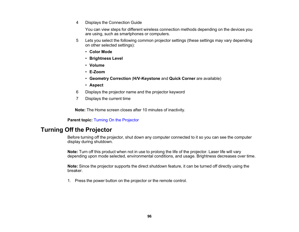 Turning off the projector | Epson PowerLite L265F 4600-Lumen Full HD Laser 3LCD Projector (Black) User Manual | Page 96 / 306