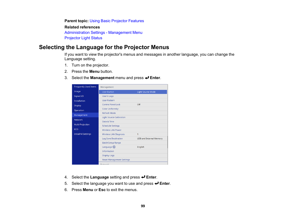 Selecting the language for the projector menus | Epson PowerLite L265F 4600-Lumen Full HD Laser 3LCD Projector (Black) User Manual | Page 99 / 306