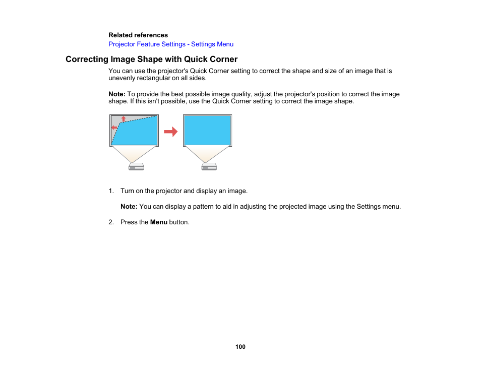 Correcting image shape with quick corner | Epson PowerLite 1288 4000-Lumen Full HD 3LCD Projector with Wi-Fi User Manual | Page 100 / 234