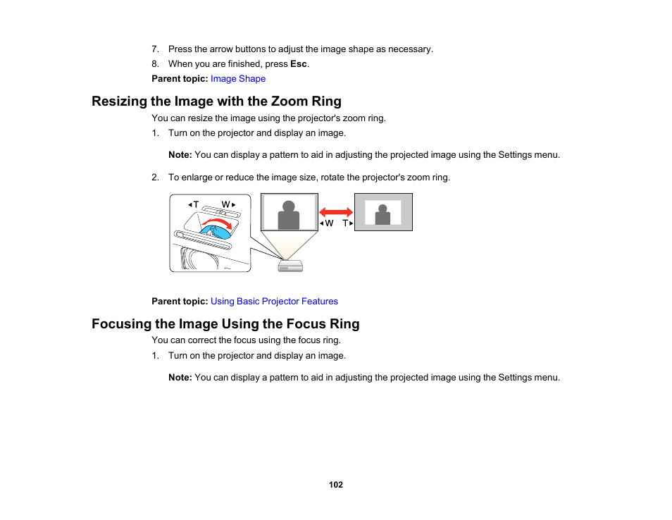 Resizing the image with the zoom ring, Focusing the image using the focus ring | Epson PowerLite 1288 4000-Lumen Full HD 3LCD Projector with Wi-Fi User Manual | Page 102 / 234