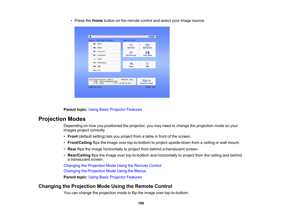 Projection modes | Epson PowerLite 1288 4000-Lumen Full HD 3LCD Projector with Wi-Fi User Manual | Page 106 / 234