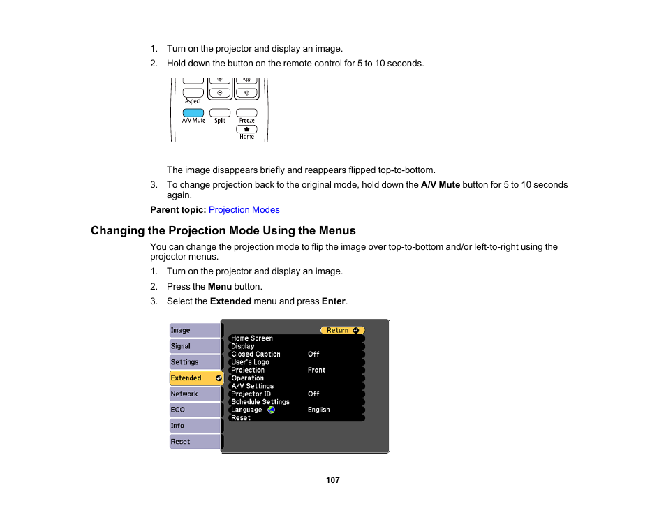 Changing the projection mode using the menus | Epson PowerLite 1288 4000-Lumen Full HD 3LCD Projector with Wi-Fi User Manual | Page 107 / 234