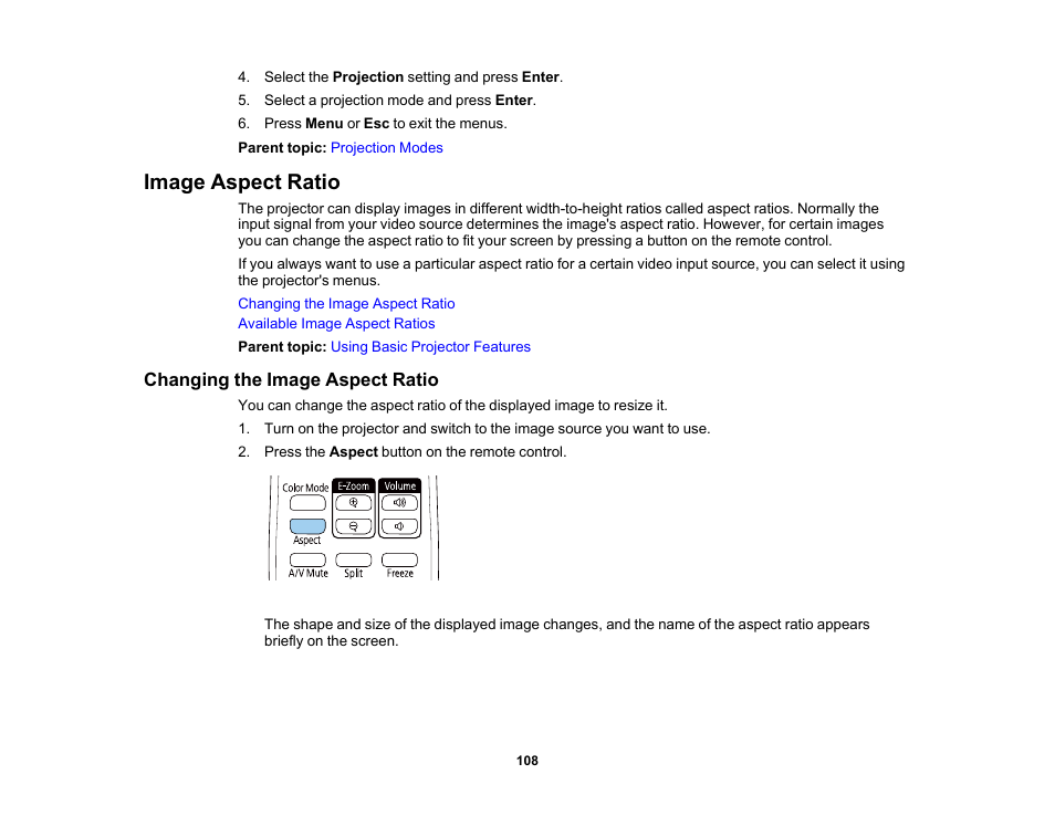 Image aspect ratio, Changing the image aspect ratio | Epson PowerLite 1288 4000-Lumen Full HD 3LCD Projector with Wi-Fi User Manual | Page 108 / 234