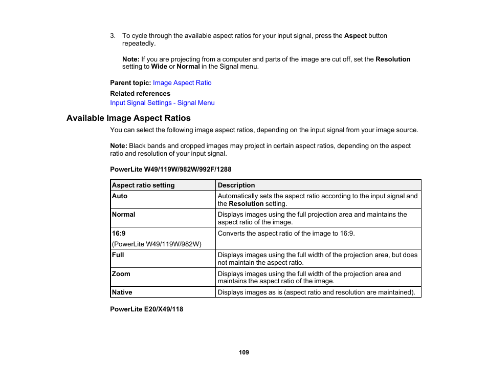 Available image aspect ratios | Epson PowerLite 1288 4000-Lumen Full HD 3LCD Projector with Wi-Fi User Manual | Page 109 / 234