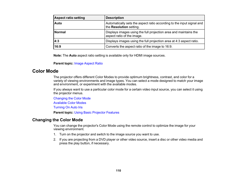 Color mode, Changing the color mode | Epson PowerLite 1288 4000-Lumen Full HD 3LCD Projector with Wi-Fi User Manual | Page 110 / 234