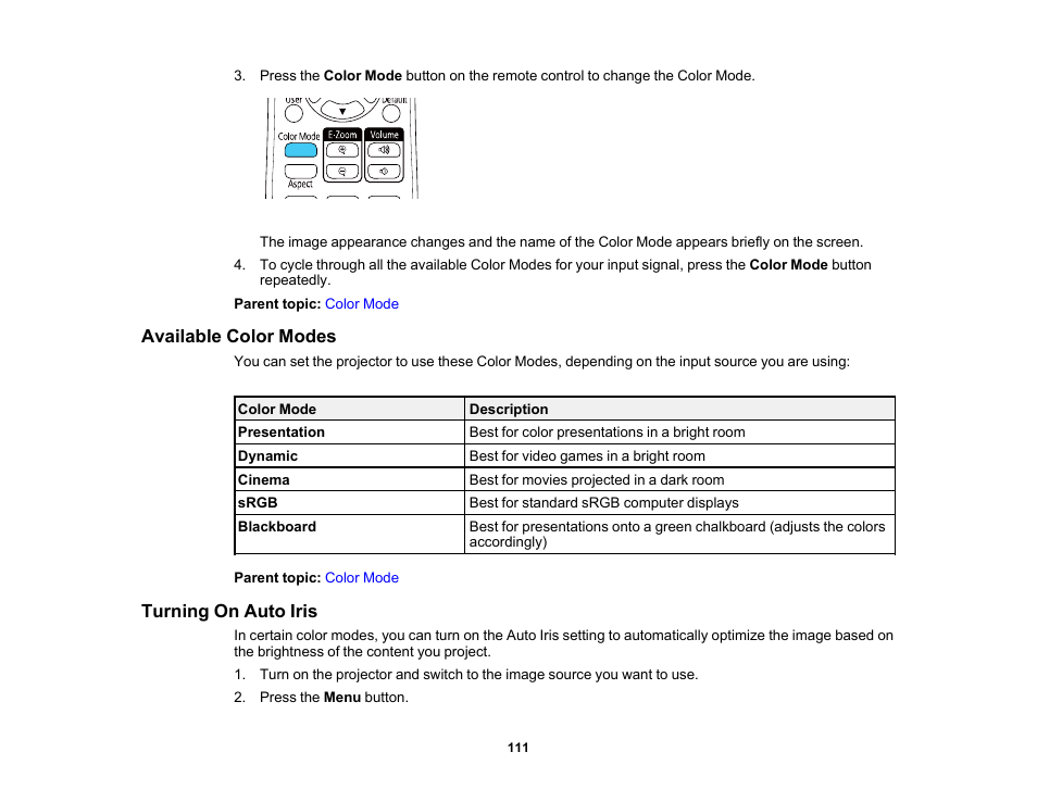 Available color modes, Turning on auto iris, Available color modes turning on auto iris | Epson PowerLite 1288 4000-Lumen Full HD 3LCD Projector with Wi-Fi User Manual | Page 111 / 234