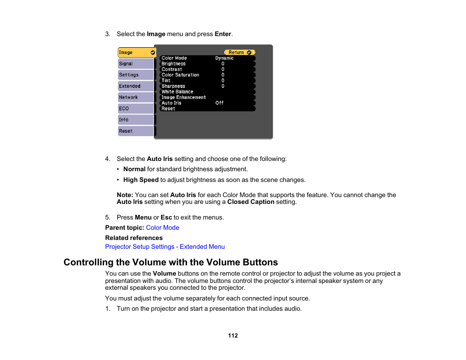 Controlling the volume with the volume buttons | Epson PowerLite 1288 4000-Lumen Full HD 3LCD Projector with Wi-Fi User Manual | Page 112 / 234