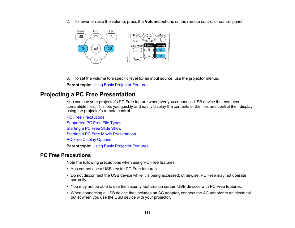 Projecting a pc free presentation, Pc free precautions | Epson PowerLite 1288 4000-Lumen Full HD 3LCD Projector with Wi-Fi User Manual | Page 113 / 234