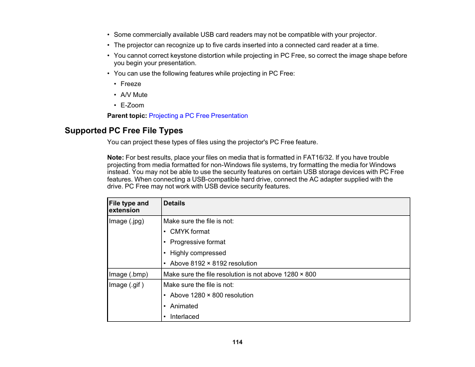 Supported pc free file types | Epson PowerLite 1288 4000-Lumen Full HD 3LCD Projector with Wi-Fi User Manual | Page 114 / 234