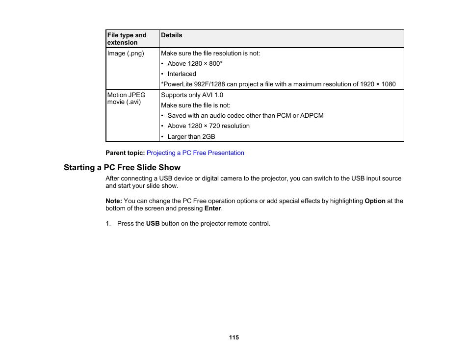 Starting a pc free slide show | Epson PowerLite 1288 4000-Lumen Full HD 3LCD Projector with Wi-Fi User Manual | Page 115 / 234