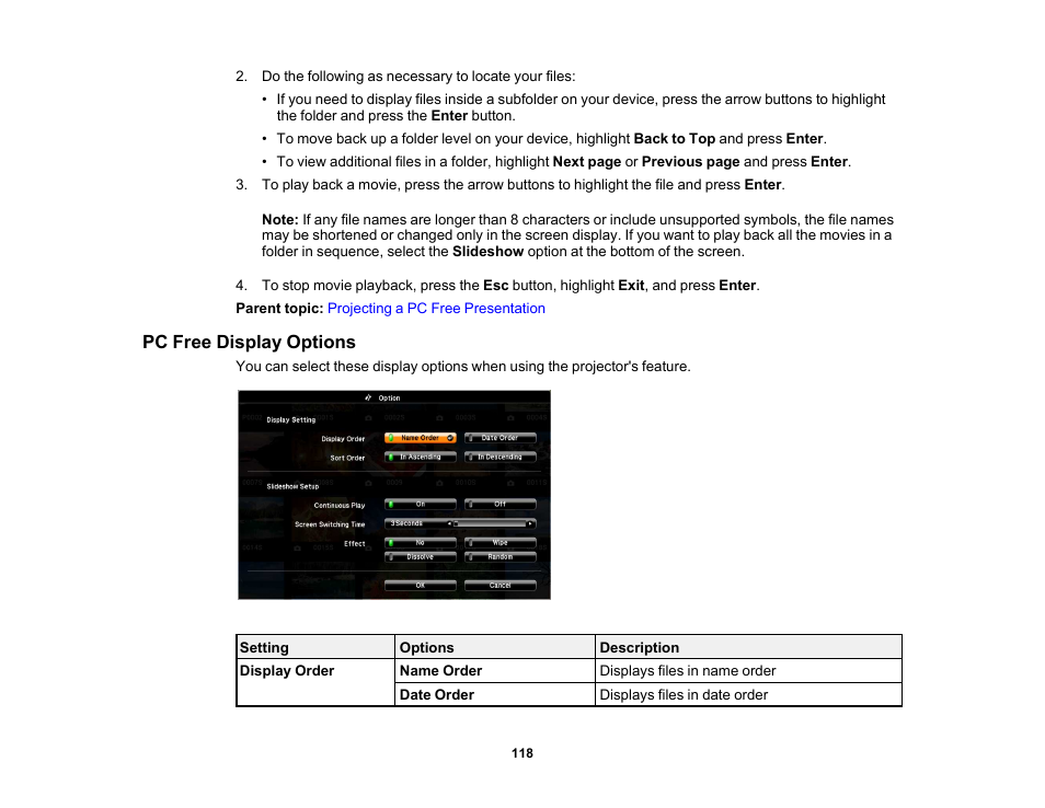 Pc free display options | Epson PowerLite 1288 4000-Lumen Full HD 3LCD Projector with Wi-Fi User Manual | Page 118 / 234