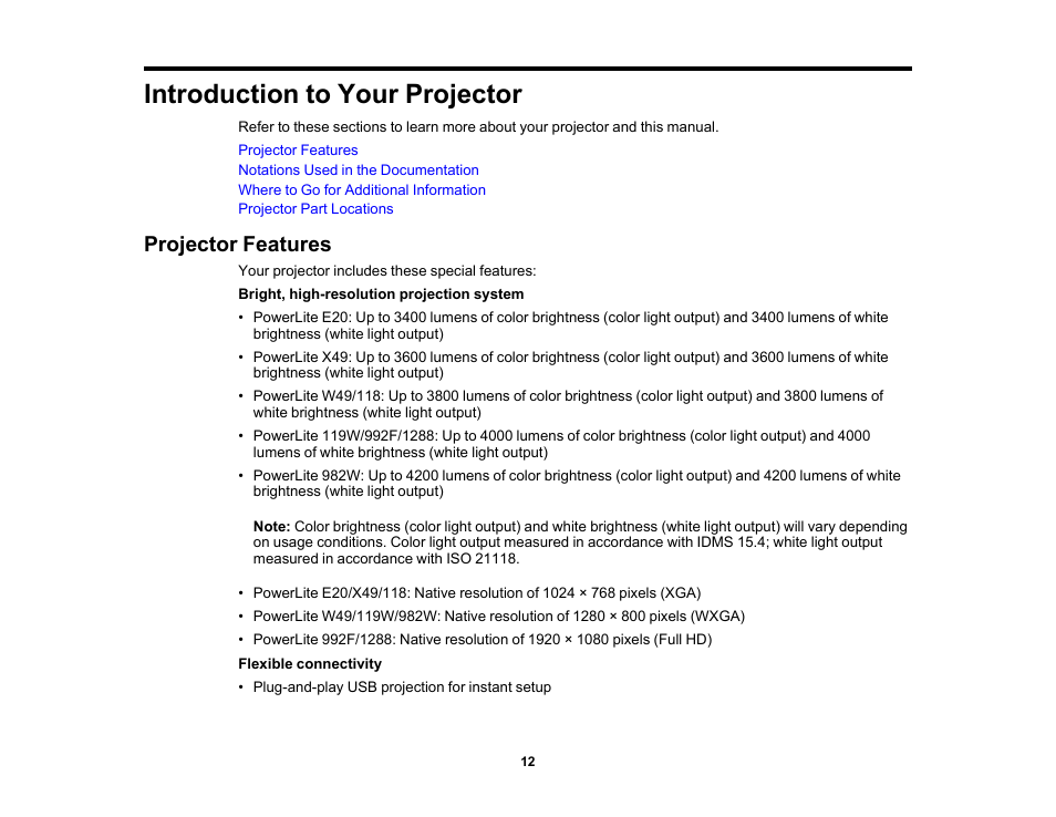 Introduction to your projector, Projector features | Epson PowerLite 1288 4000-Lumen Full HD 3LCD Projector with Wi-Fi User Manual | Page 12 / 234