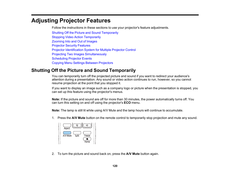 Adjusting projector features, Shutting off the picture and sound temporarily | Epson PowerLite 1288 4000-Lumen Full HD 3LCD Projector with Wi-Fi User Manual | Page 120 / 234